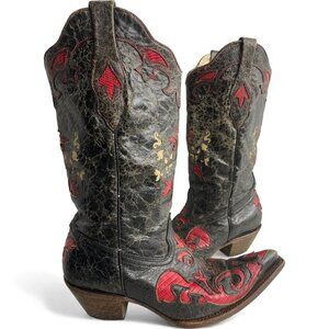 Corral Lizard Leather Western Cowgirl Black Red Boots Women's 9